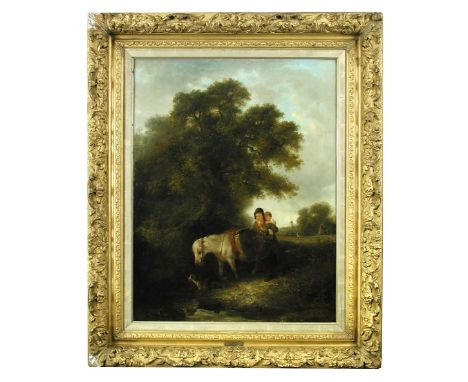 Edward Robert Smythe (British, 1810 -1899) A woman and child with a grey pony, a spaniel at their feet. signed lower right 'E