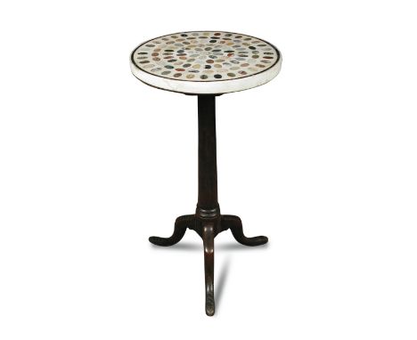 An 18th century tall oak tripod table, with removable white marble top inset with lenses of specimen marble 76 x 42cm (30 x 1