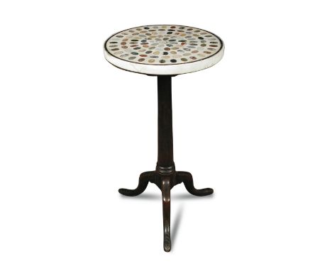 An 18th century tall oak tripod table, with removable white marble top inset with lenses of specimen marble 76 x 42cm (30 x 1