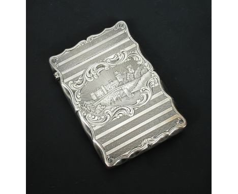 A Victorian silver 'castle' fronted card case, by Nathaniel Mills, Birmingham 1847, engraved depicting Warwick Castle with br