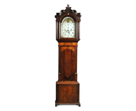 A mahogany and inlaid early 19th century longcase clock, the hood with turned urn finials above moulded swanneck pediment abo