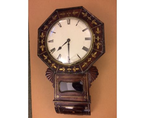 A 19th century mahogany and brass inlaid drop dial wall timepiece, the 12inch painted dial with octagonal surround, eared tru
