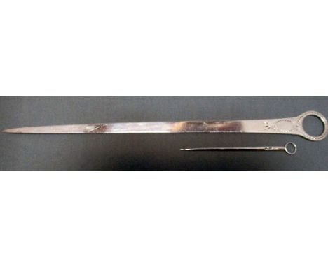 A George III silver meat skewer, by William Sumner, London 1782, of flat design with bright cut ring handle, 33cm long, toget