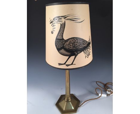 Vaughan of London, a brass column 'Oxted' table lamp, the hexagonal column to a spreading foot with jungle Fowl printed paper