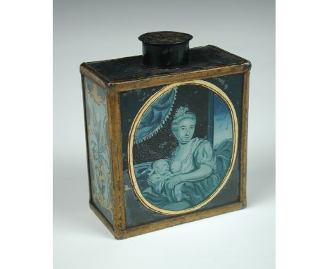An 18th century Chinese reverse painted glass tea caddy, the arched front and back panels painted with a mother suckling her 