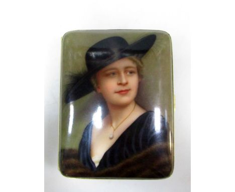 A Rosenthal porcelain cigarette case painted with a lady wearing a broad brimmed black hat and fur rap around her shoulders, 