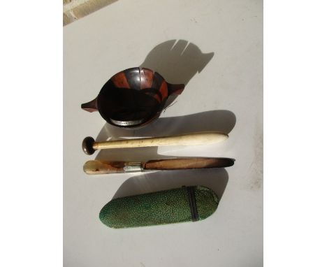 Used By Graham of Claverhouse', a quaich, an agate handled knife, an ivory handled burnishing tool, and a shagreen etui case,