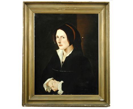 Manner of Jan van Scorel (Dutch, 1495-1562) Portrait of a woman in black, with folded hands, half length oil on paper laid to