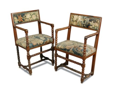 A pair of 17th century tapestry covered Flemish elbow chairs, 94 x 46cm (37 x 18in)  