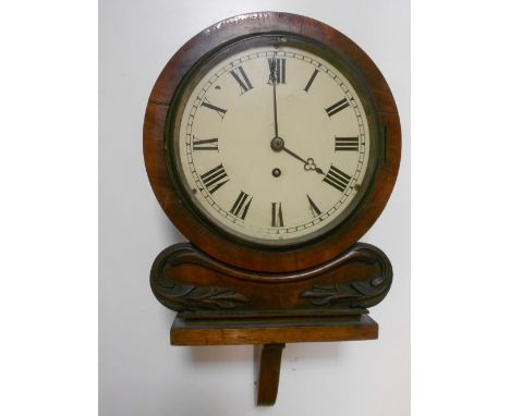 A 19th century mahogany drum wall timepiece, 7.5inch painted dial with single train 4 pillar fusee movement, square plates, w