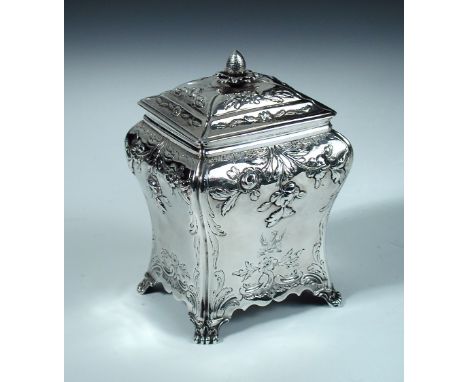 A single George III silver tea caddy, by Pierre Gillois, London 1766, of bombé shape, the shoulders and edges embossed and ch