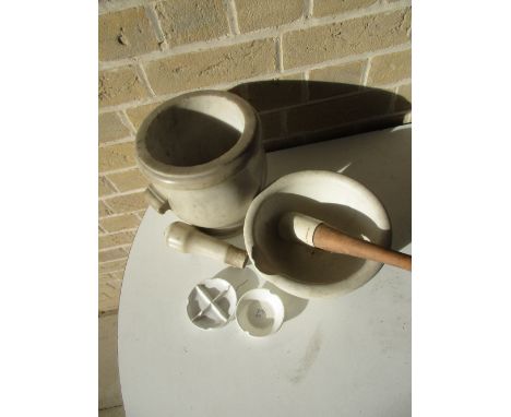 An 18th/19th century marble pestle and mortar, another ceramic and two modern ceramic paint palettes, the baluster turned sha