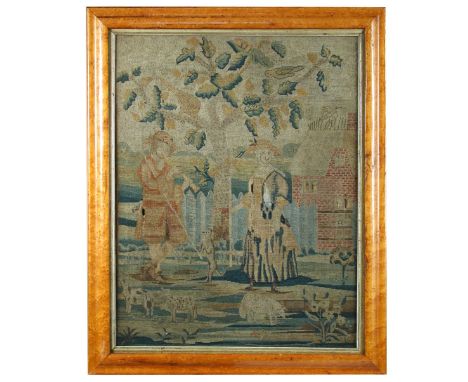 1732', a petit point picture worked in wool and silks to depict a couple standing before their cottage, his dog performing to