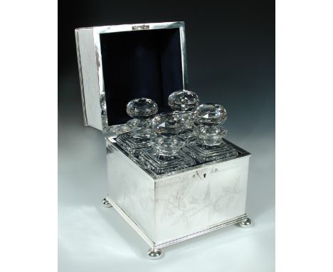 A fine Victorian electroplated four bottle decanter case, inscribed Hardy Bros, Sydney, of rectangular form, engraved decorat