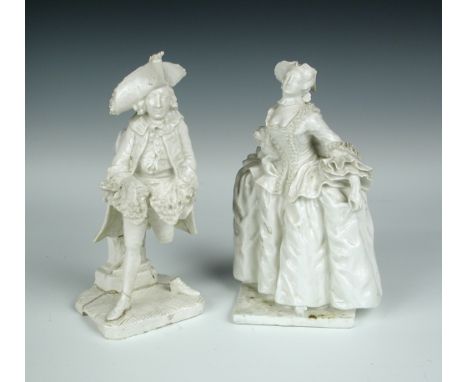 A pair of mid-18th century Bow white glazed figures of Kitty Clive and Henry Woodward in their roles as a 'Fine Lady' and a '