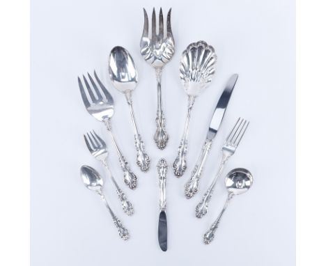 Eighty Five (85) Pieces Reed and Barton "Spanish Baroque" Sterling Silver Flatware. Includes: 12 forks 7-3/8", 12 knives 9", 