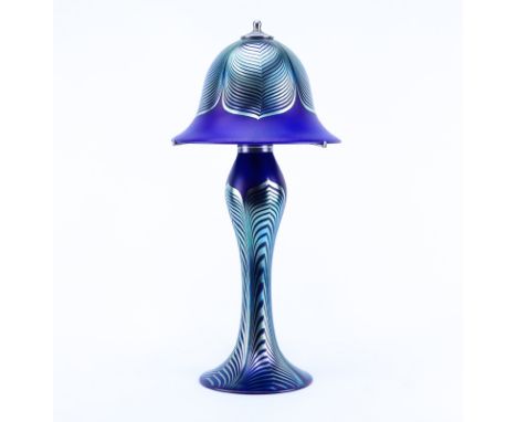 Large Vintage Correia Cobalt Blue Pulled Feather Art Glass Lamp. Signed and further inscribed to base, shade is also signed. 