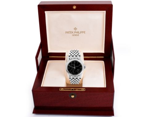 Man's Circa 1999 Patek Philippe Power Reserve Moonphase 5095/1A Stainless Steel Bracelet Watch with Skeleton Case Back, Box a