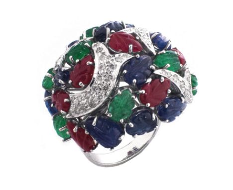 Cartier style Approx. 18.50 Carat Carved Emerald, Ruby and Sapphire, .85 Carat Diamond and 18 Karat White Gold Tutti Frutti R