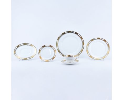Fifty One (51) Piece Aynsley "Empress, 8510" Porcelain Service. Includes: 11 plates 10-1/2", 9 salad plates 8-1/4", 7 bread a