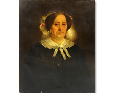 Circa 1840 American Oil on Canvas, Portrait of a Lady. Unsigned. Good conserved, relined condition. Measures 27" H, 22-1/4" W