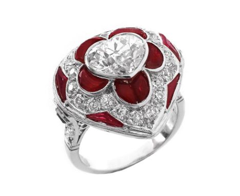 Art Deco style Approx. 3.0 Carat Old European Cut  Diamond, 1.50 Carat Calibre Cut Ruby and Platinum Ring. Set in the center 