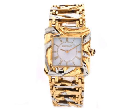 Man's Circa 1973 Buccellati Two Tone 18 Karat Gold Bracelet Watch with Mother of Pearl Dial and Manual Movement. Signed, stam