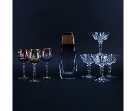 Grouping of Eight (8) Vintage Tableware. Includes: 4 Baccarat crystal champagne coupes (signed), Moser amethyst to clear Gilt