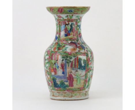 Late 19th Century Rose Canton Export ware Porcelain Vase. Enamel painted with vignettes of courtyard scenes on front and obve