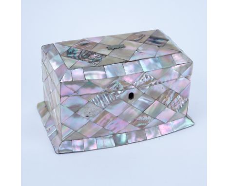 Antique English Mother of Pearl Paper Mache Tea Caddy. Lined interior. A few losses to mother of pearl, missing the locking m