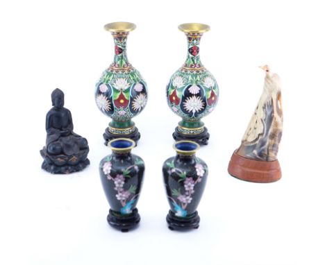 Group of Six (6): Two pairs of Chinese Cloisonné Vases on Wooden Stands, Chinese Carved Wood Buddha, and Chinese Horn Bird Ca