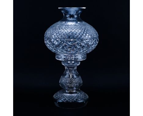 Waterford Cut Crystal Hurricane Lamp. Shade is signed. Chip to the base of the shade, chips at the bottom of the base. Measur