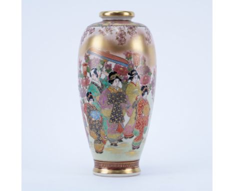 Antique Japanese Satsuma Gilt Hand Painted Porcelain Vase. Meiji period, signed to base. Outdoor scene of several geishas' wi