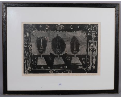 Sanchia Lewis (born 1960), masks, relief etching on handmade Japanese paper, signed in pencil, no. 12/150, image 49cm x 73cm,