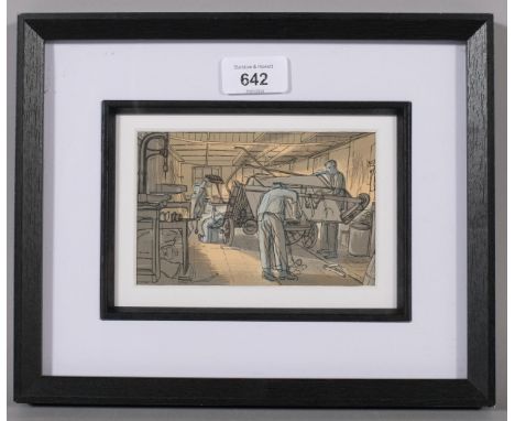 Edward Bawden (1903 - 1989), the agricultural repair shop, colour lithograph published by Curwen Press 1949, image 9cm x 15.5