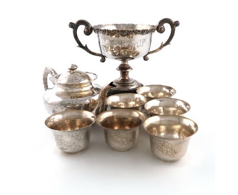 A collection of Chinese silver items: comprising: a presentation two handled bowl, circular form, scroll handles, with a pres