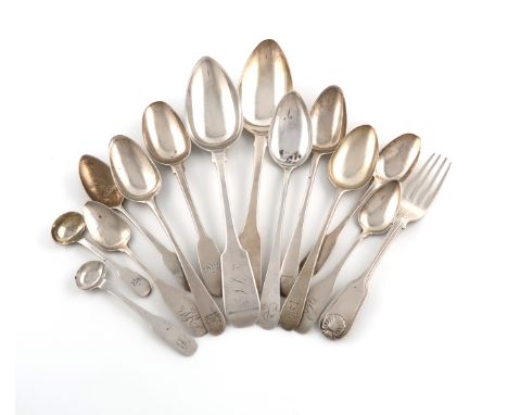 A collection of Colonial and other silver flatware, comprising: a dessert fork by Latty Brothers Calcutta, a dessert spoon by