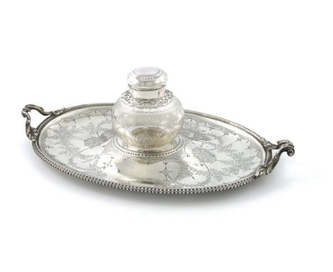 A Victorian silver two-handled inkstand, by Edward Ker Reid, London 1878, oval form, gadroon border, leaf capped scroll handl