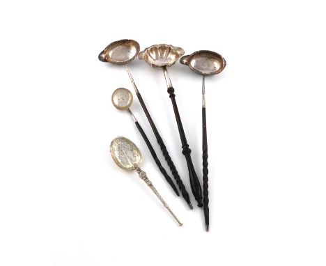 λA mixed lot of silver flatware, comprising: a silver-gilt anointing spoon, by Elkington and Co., Birmingham 1910, plus three