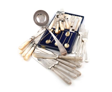 A mixed lot of silver flatware, various dates and makers, comprising: an Old English pattern soup ladle, London 1909, a set o
