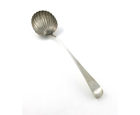 A George III silver Old English pattern soup ladle, probably by T and C Chawner, London 1767, circular shell bowl, the termin
