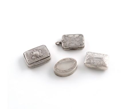 A small collection of three antique silver vinaigrettes and a patch box, comprising: one by John Bettridge, Birmingham 1817, 