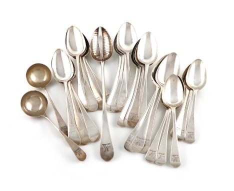 A collection of antique silver Old English pattern flatware, various dates and makers, the terminals with two different crest