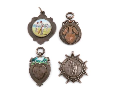 A collection of four silver cricket fobs, various dates and makers, comprising two with enamel cricketers, with ring attachme