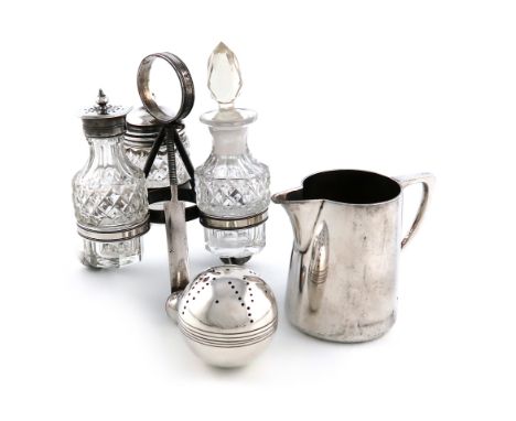A small collection of three electroplated cricket items, comprising a three-piece cruet set, the frame modelled as three bats