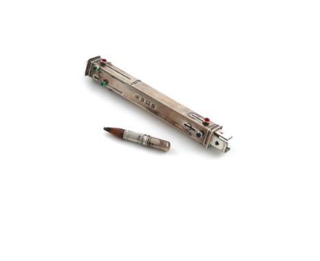 An Edwardian silver and enamel bridge pencil, by E Baker &amp; Son, Birmingham 1902, rectangular form, the end with a pull-ou