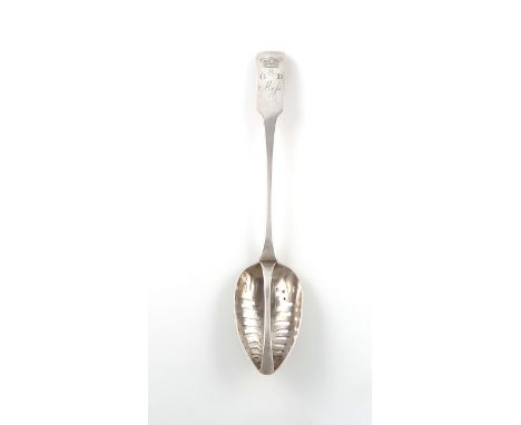 A George III Irish Regimental silver Fiddle pattern straining spoon, 8th Garrison Battalion, by John Power, Dublin 1806, the 