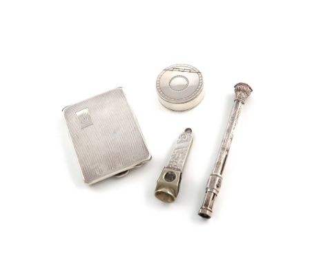 A small mixed lot of silver items, comprising: a George III snuff box, by Phipps and Robinson, London 1799, circular form, fl