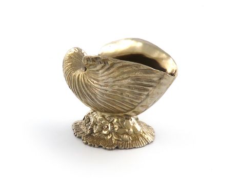 A modern cast silver-gilt shell salt cellar, by R. Comyns, London 1960, modelled as a nautilus shell, on a rocky and foliate 