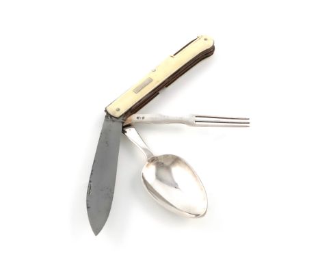 λA George III silver and ivory knife, fork and spoon campaign set, by Samuel Godbehere, Edward Wigan &amp; James Boult, Londo